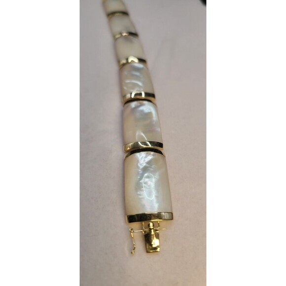14K Gold Mother Of Pearl Bracelet 7" Long Rectangular Stones - Picture 5 of 8